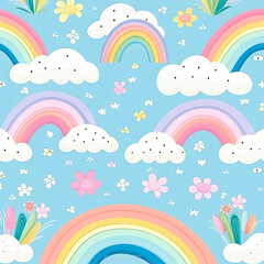 Childish seamless pattern background with colorful rainbows and clouds