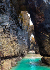 Natural rock arches Cathedrals beach, Playa de las Catedrales at Ribadeo, Galicia, Spain