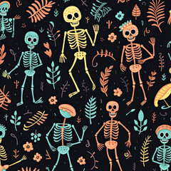Fototapeta na wymiar Childish seamless pattern background with colorful skeletons