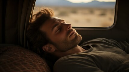 Traveling man lying asleep in his caravan