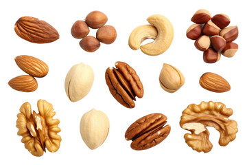 a collection of nuts like almonds walnuts and pecans isolated on a transparent background, generative ai - obrazy, fototapety, plakaty