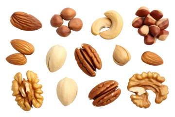 Fotobehang a collection of nuts like almonds walnuts and pecans isolated on a transparent background, generative ai © Perfect PNG