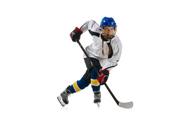 Young girl, professional hockey player in motion during game, playing isolated over white background. Achievements. Concept of professional sport, competition, game, action, hobby, success