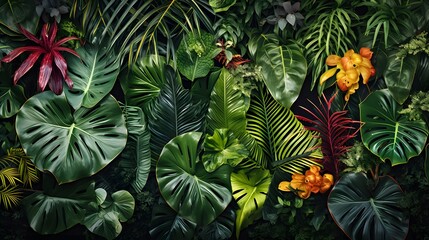 Tropical foliage plant bush (Monstera, palm leaves, Calathea, Cordyline or Hawaiian Ti plant, ferns, and fir) floral arrangement indoors garden nature backdrop 
