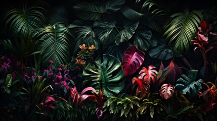 Fototapeta na wymiar Tropical foliage plant bush (Monstera, palm leaves, Calathea, Cordyline or Hawaiian Ti plant, ferns, and fir) floral arrangement indoors garden nature backdrop 
