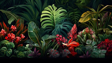 Tropical foliage plant bush (Monstera, palm leaves, Calathea, Cordyline or Hawaiian Ti plant, ferns, and fir) floral arrangement indoors garden nature backdrop 
