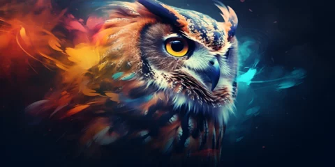 Foto auf Alu-Dibond Abstract animal owl portrait with colorful double exposure paint,Whimsical Owl Abstraction with Bursting Colors © Umair