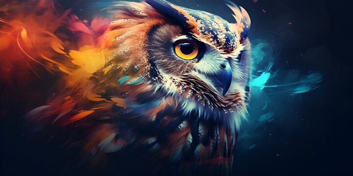 Abstract animal owl portrait with colorful double exposure paint,Whimsical Owl Abstraction with Bursting Colors