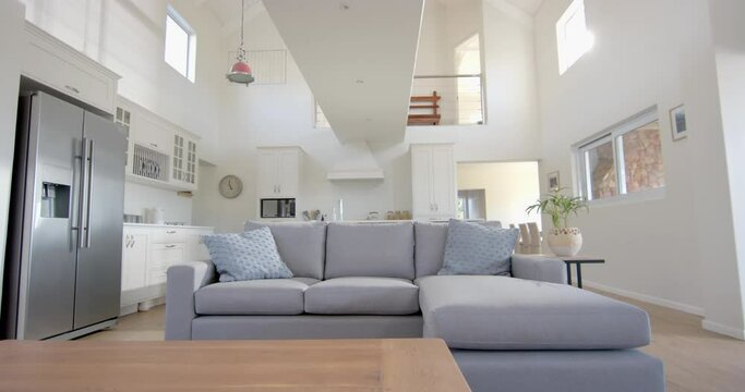 Gray sofa, fridge, furnitures and windows in sunny home