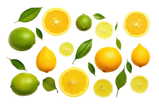 a collection of fresh citrus fruits isolated on a transparent background, generative ai