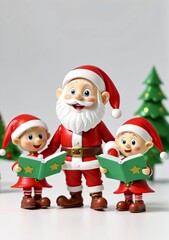 3D Toy Of Santa Claus Singing Carols With Elves On A White Background.