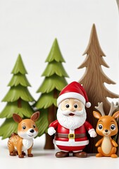 3D Toy Of Santa Claus Playing Hide-And-Seek With Woodland Creatures On A White Background.