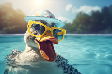 Funny duck having fun at a summer pool party - obrazy, fototapety, plakaty
