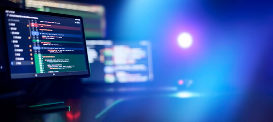 Running Computer data programming. Coding script text on screen.