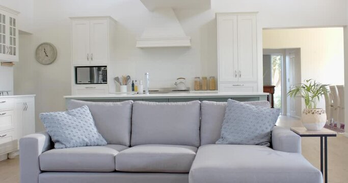 Gray sofa, kitchen island with sink and furnitures in sunny home