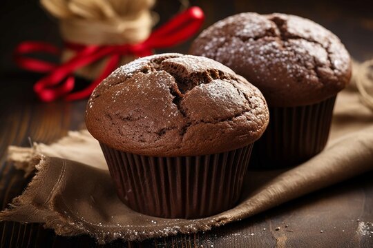 Homemade chocolate muffins with heart, vintage background