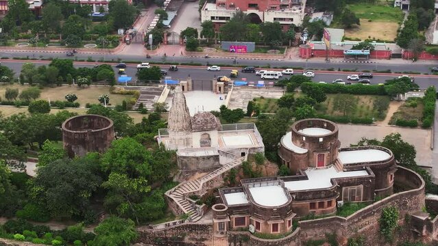 Aerial view of Shiv Temple near Birla Temple in Jaipur city, Rajasthan, India.