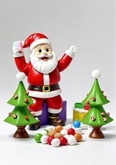 Fototapeta premium 3D Toy Of Santa Claus Having A Marshmallow Roasting Contest With The Elves On A White Background.