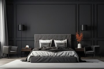 Bedroom with Black Walls and a Luxurious Oversized Bed Generative AI