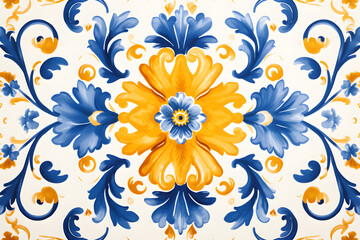 Fototapeta na wymiar Rustic blue and yellow colors tile watercolor seamless pattern. Pattern of azulejos tiles 