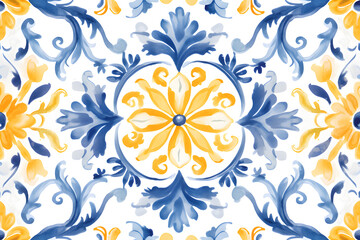 Rustic blue and yellow colors tile watercolor seamless pattern. Pattern of azulejos tiles  - obrazy, fototapety, plakaty