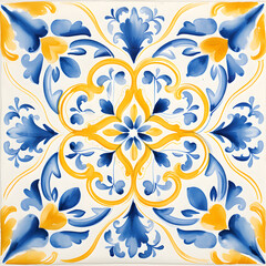 Rustic blue and yellow colors tile watercolor seamless pattern. Pattern of azulejos tiles 