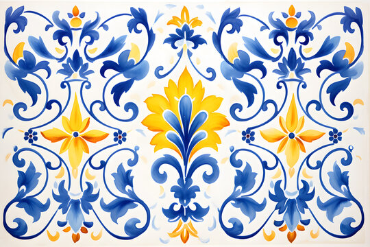 Rustic blue and yellow colors tile watercolor seamless pattern. Pattern of azulejos tiles 