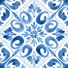 Rustic blue tile watercolor seamless pattern. Pattern of azulejos tiles 
