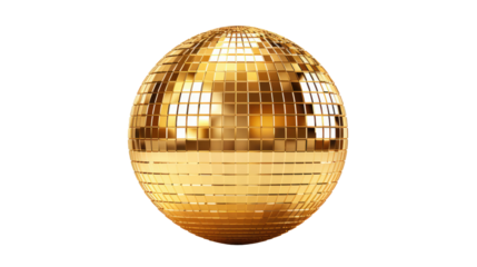 Golden disco mirror ball isolated on transparent background