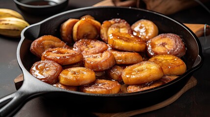 Homemade fried bananas foster with cinnamon in cast iron pan - obrazy, fototapety, plakaty