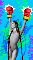 Contemporary art collage. Young attractive woman, princess with long hair raising hands in boxing gloves against colorful background. poster