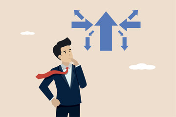 Decision making, determining the best solution for success, business direction or thinking concept, businessman making a decision on where to go next.