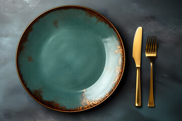 Green and blue colors plate with golden fork and knife