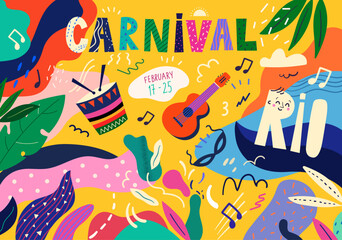 Carnival vector illustration. Decorative abstract illustration with colorful doodles. Music festival
