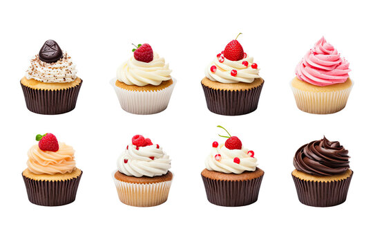 a collection of cupcakes isolated on a transparent background, generative ai
