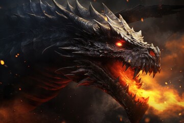 dark black fire dragon spitting fire - obrazy, fototapety, plakaty