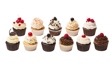 a collection of cupcakes isolated on a transparent background, generative ai