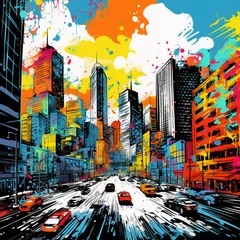 Poster vibrant pop art cityscape executed in rich colors with dripping paint and graffiti elements © elementalicious