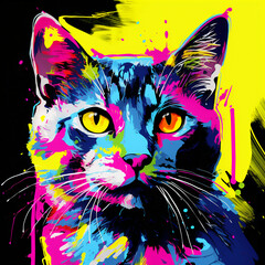 vibrant pop art portrait of a cat executed in rich colors with dripping paint and graffiti elements