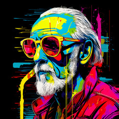 vibrant pop art portrait of a old man executed in rich colors with dripping paint and graffiti elements