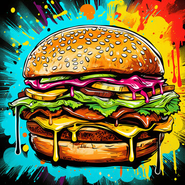 vibrant pop art hamburger executed in rich colors with dripping paint and graffiti elements