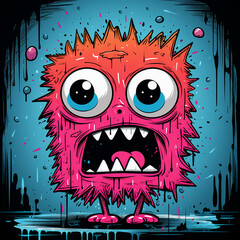 vibrant pop art little funny pink monster executed in rich colors with dripping paint and graffiti elements
