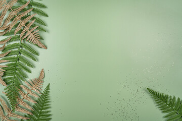 Tropical summer background with green and golden fern leaves set in the frame around blank space...