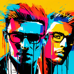 vibrant pop art portrait of a men in glasses executed in rich colors with dripping paint and graffiti elements