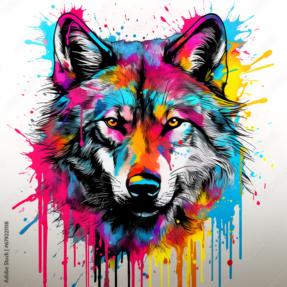 Wall mural vibrant pop art wolf executed in rich colors with dripping paint and graffiti elements