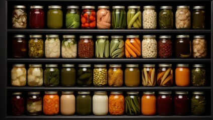 Shelves with various glass jars containing preserved vegetables and fruits are arranged in a dark...