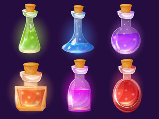 Magical glowing witch potion collection