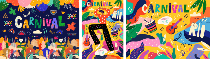 Carnival collection of colorful cards. Design for Brazil Carnival. Decorative abstract illustration with colorful doodles. Music festival - obrazy, fototapety, plakaty
