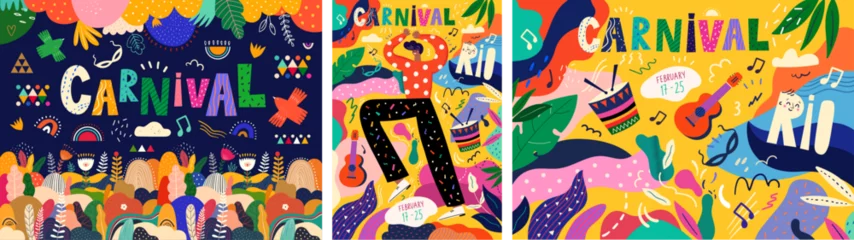 Fotobehang Carnival collection of colorful cards. Design for Brazil Carnival. Decorative abstract illustration with colorful doodles. Music festival © moleskostudio
