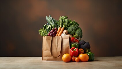 A variety of fresh vegetables and fruits in a paper bag on the table in front of a brown background.